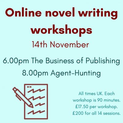 A bright aqua coloured square. Text reads: Online novel writing workshops 14th November. 6pm The Business of Publishing. 8pm Agent-hunting. All times UK. Each workshop is 90 minutes. £200 for all 14 sessions. At the bottom left of the image is an outline drawing of a pen writing on paper.